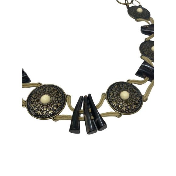 Bronze Beaded Stamped Medallion Concho Belt w/ Carved Horn Beads sz 30-40”